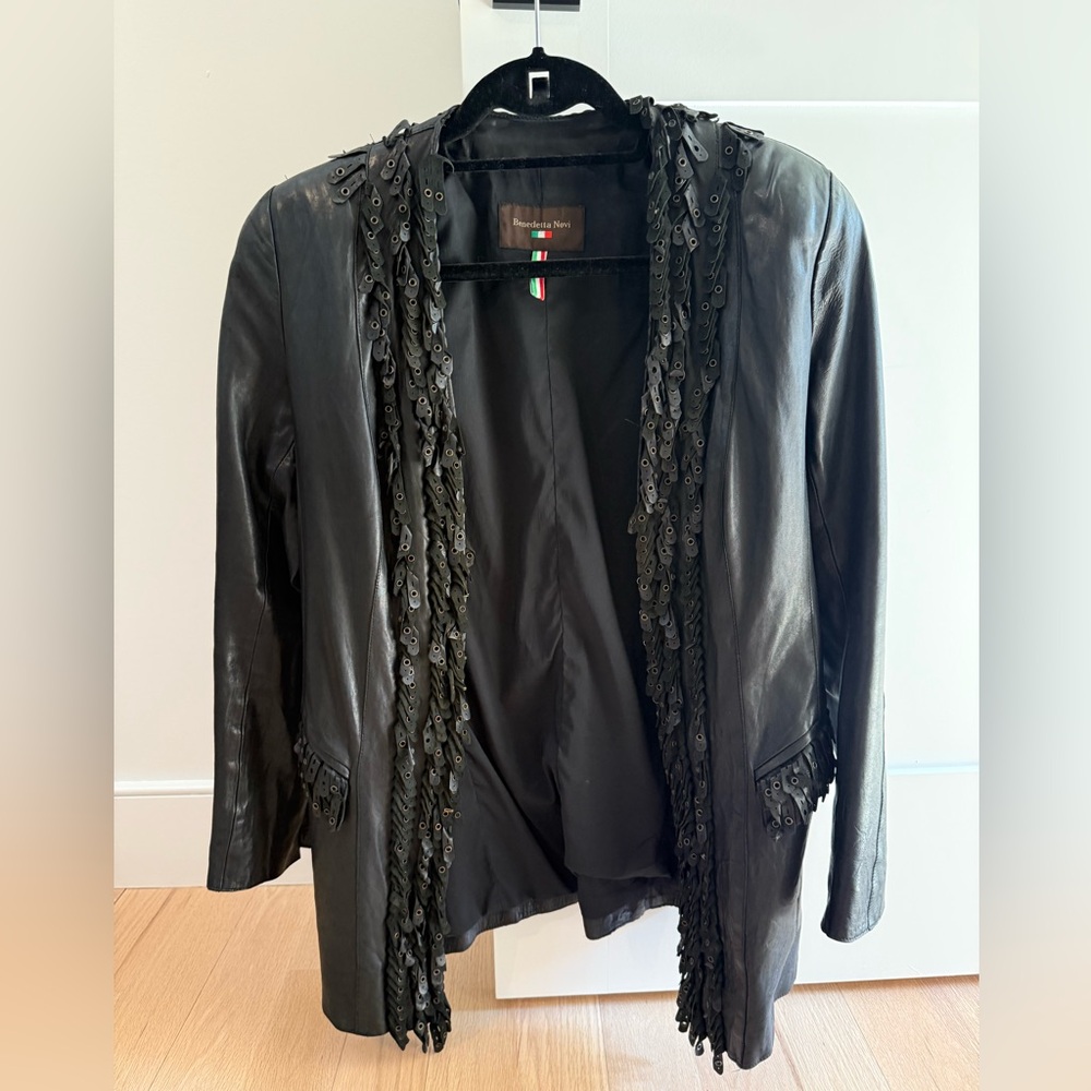 Benedetta Novi Black Leather Jacket with Fringe Detail